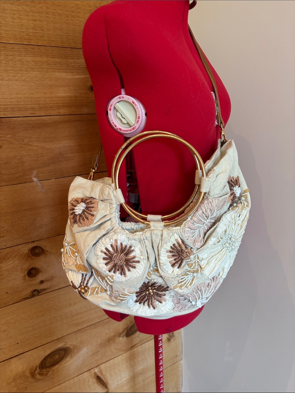 Anthropologie Cream Embroidered Hobo with Gold Ring Handles